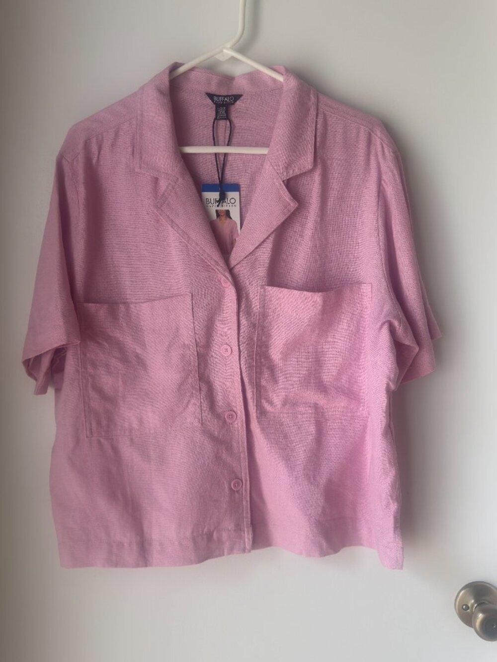 Buffalo David Bitton Linen Blend Camp Shirt NWT Womens Large L Pink Pocket Top